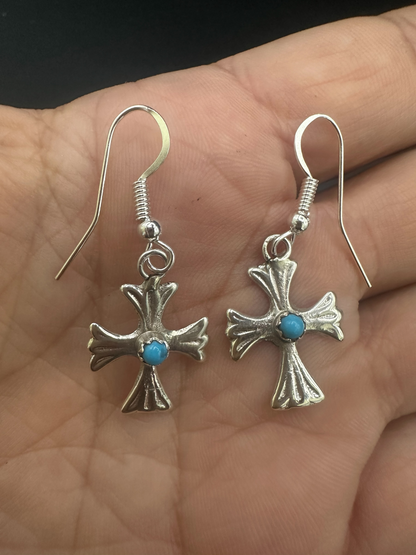 Small Cross Hook Dangle Earrings – Sterling Silver and Genuine Sleeping Beauty Turquoise -  Authentic Native American Handmade - American Sterling Silver - Made in USA