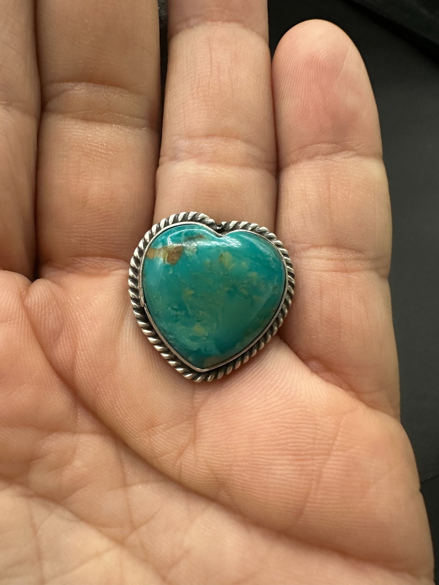 Medium Heart Cabochon Ring  – Sterling Silver and Genuine Turquoise -  Authentic Handmade Native American – John McCray