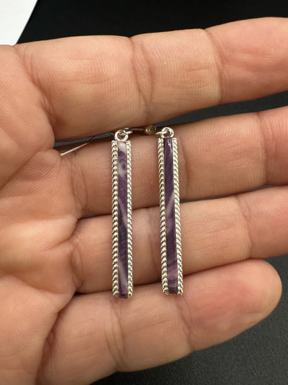 Dainty Hook Dangle Earrings – Sterling Silver, Purple Spiny Oyster Composite -  Authentic Native American Handmade -Allen Barney - Made in USA