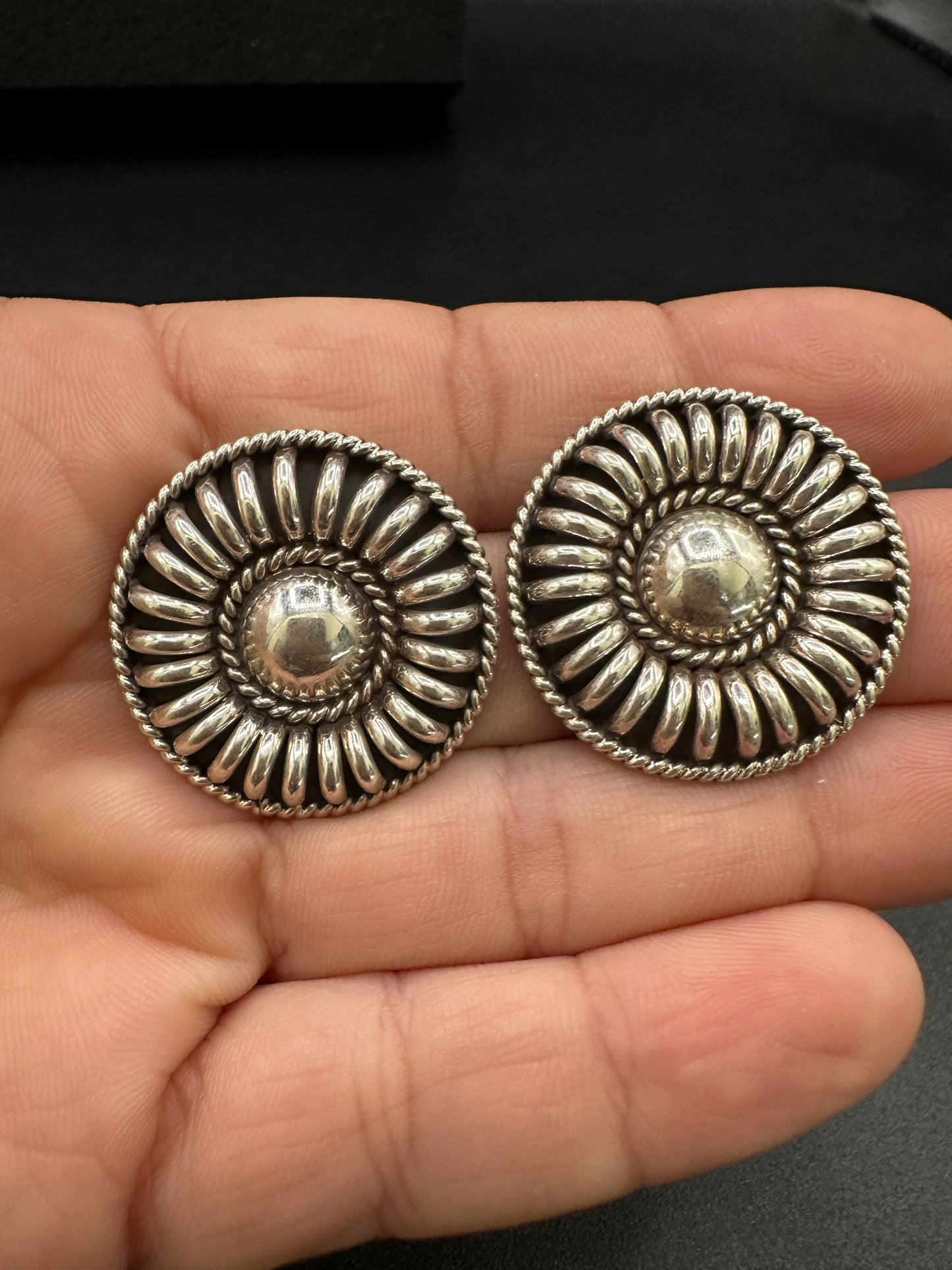 Medium Concho Stud Earrings – Sterling Silver Ring Sculpted -  Authentic Native American Handmade – Thomas Charley - Made in USA