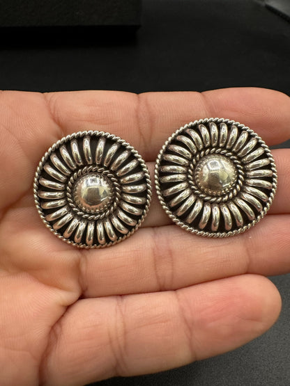Medium Concho Stud Earrings – Sterling Silver Ring Sculpted -  Authentic Native American Handmade – Thomas Charley - Made in USA
