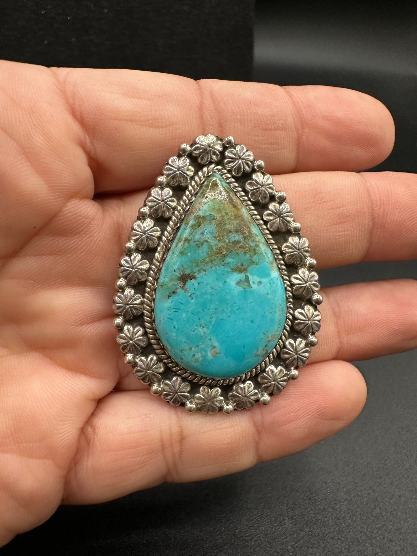 Large Pear-Cut or Wide Teardrop Ring  – Sterling Silver and Genuine Turquoise Ring -  Artisan Collection - Made in USA