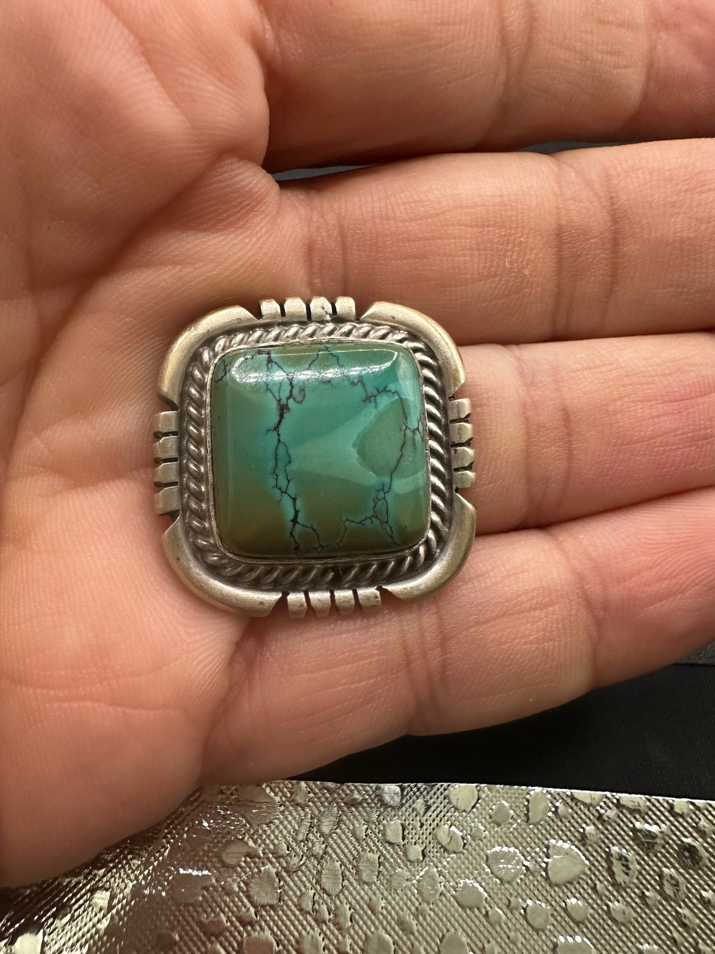Medium Square Cabochon Ring  – Sterling Silver and Genuine Turquoise Ring -  Authentic Handmade Native American – John McCray