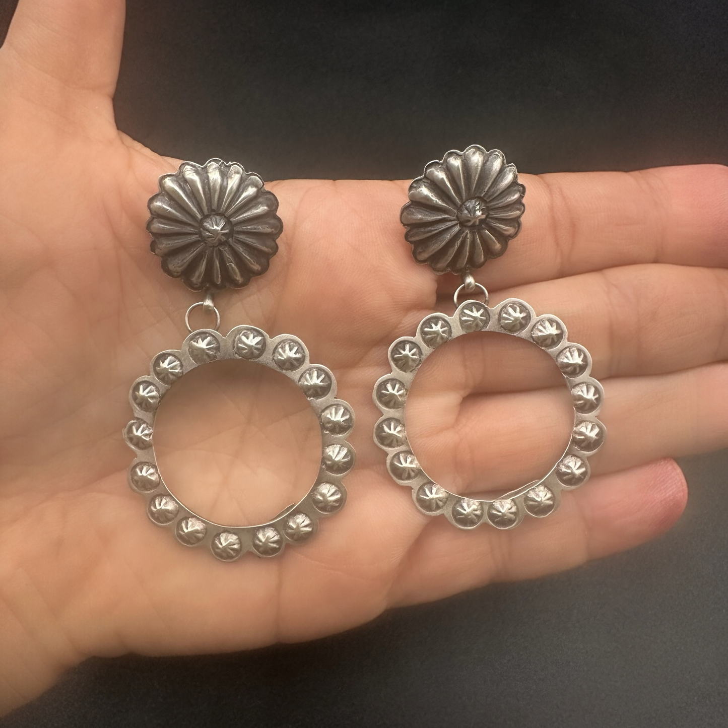 Medium Concho Cut Out Earrings – Sterling Silver Hand Stamped - Authentic Native American Handmade – Eugene Charley - Made in USA