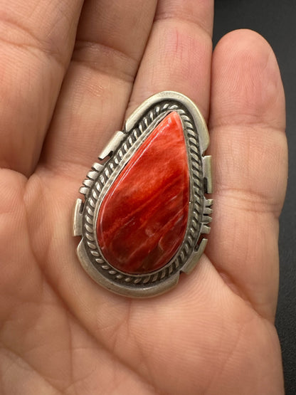 Medium Pear Cabochon Ring  – Sterling Silver and Genuine Spiny Oyster Ring -  Authentic Handmade Native American – John McCray