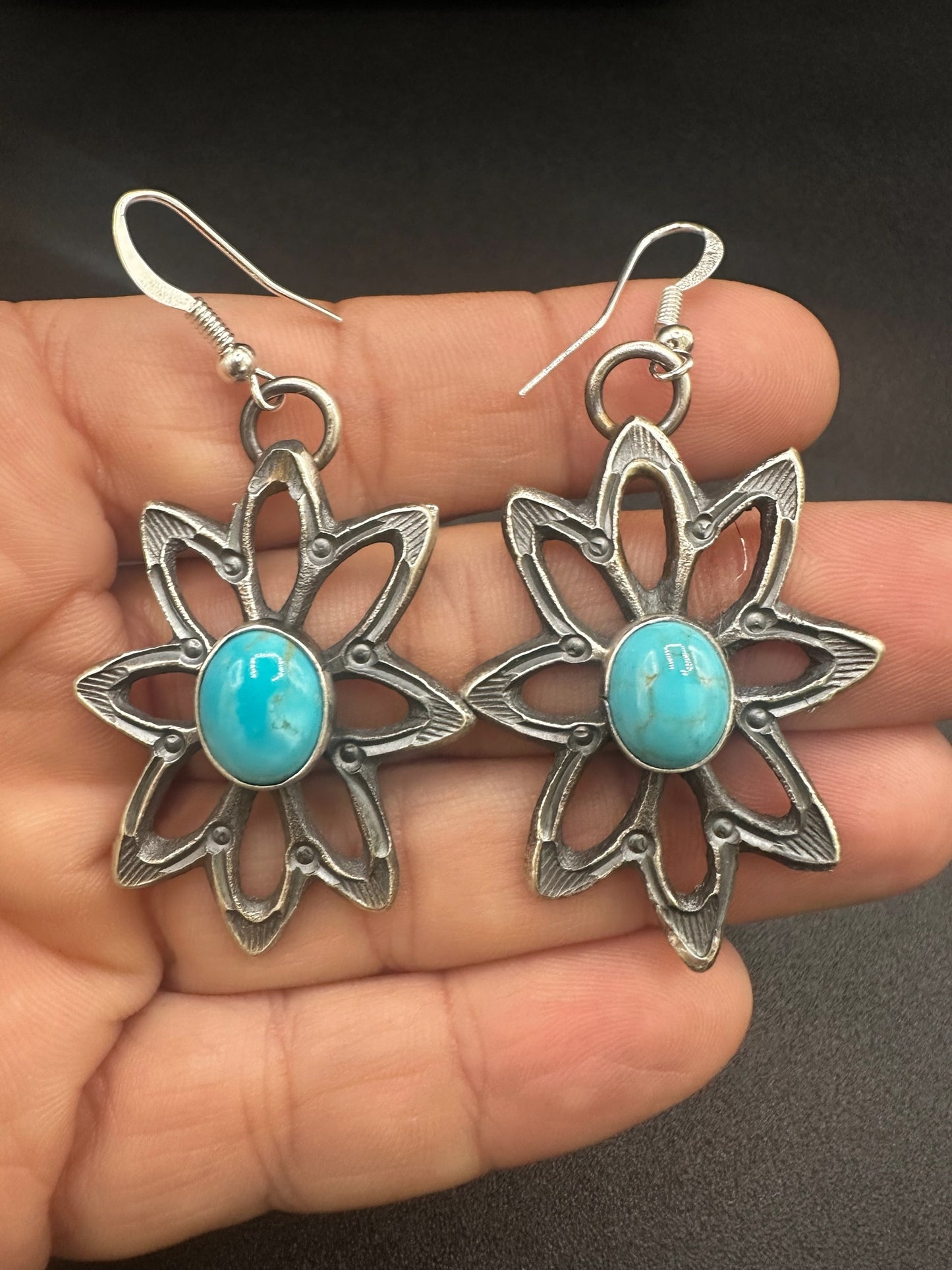 Medium Star Floral Hook Dangle Earrings – Sterling Silver and Genuine Turquoise -  Authentic Native American Handmade – Kevin Billah - Made in USA