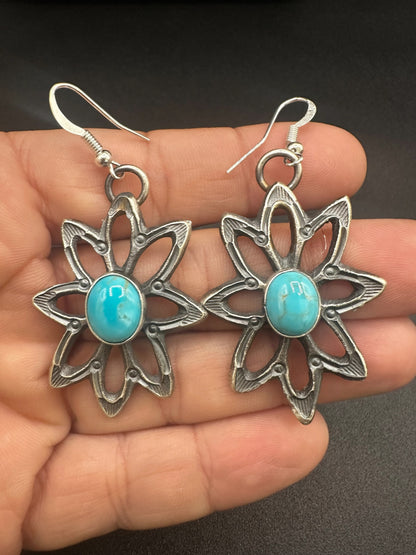 Medium Star Floral Hook Dangle Earrings – Sterling Silver and Genuine Turquoise -  Authentic Native American Handmade – Kevin Billah - Made in USA