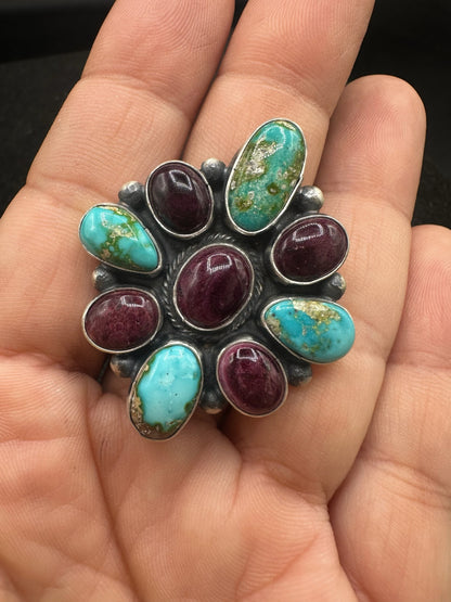 Medium Multi Stone Cluster Ring - Sterling Silver, Genuine Turquoise and Spiny Oyster – Handmade Native American – Sharon Francisco