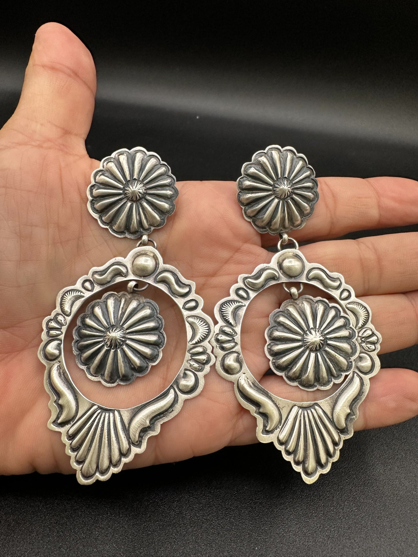 Large Concho Cut Out Earrings – Sterling Silver Hand Stamped - Authentic Native American Handmade – Eugene Charley - Made in USA