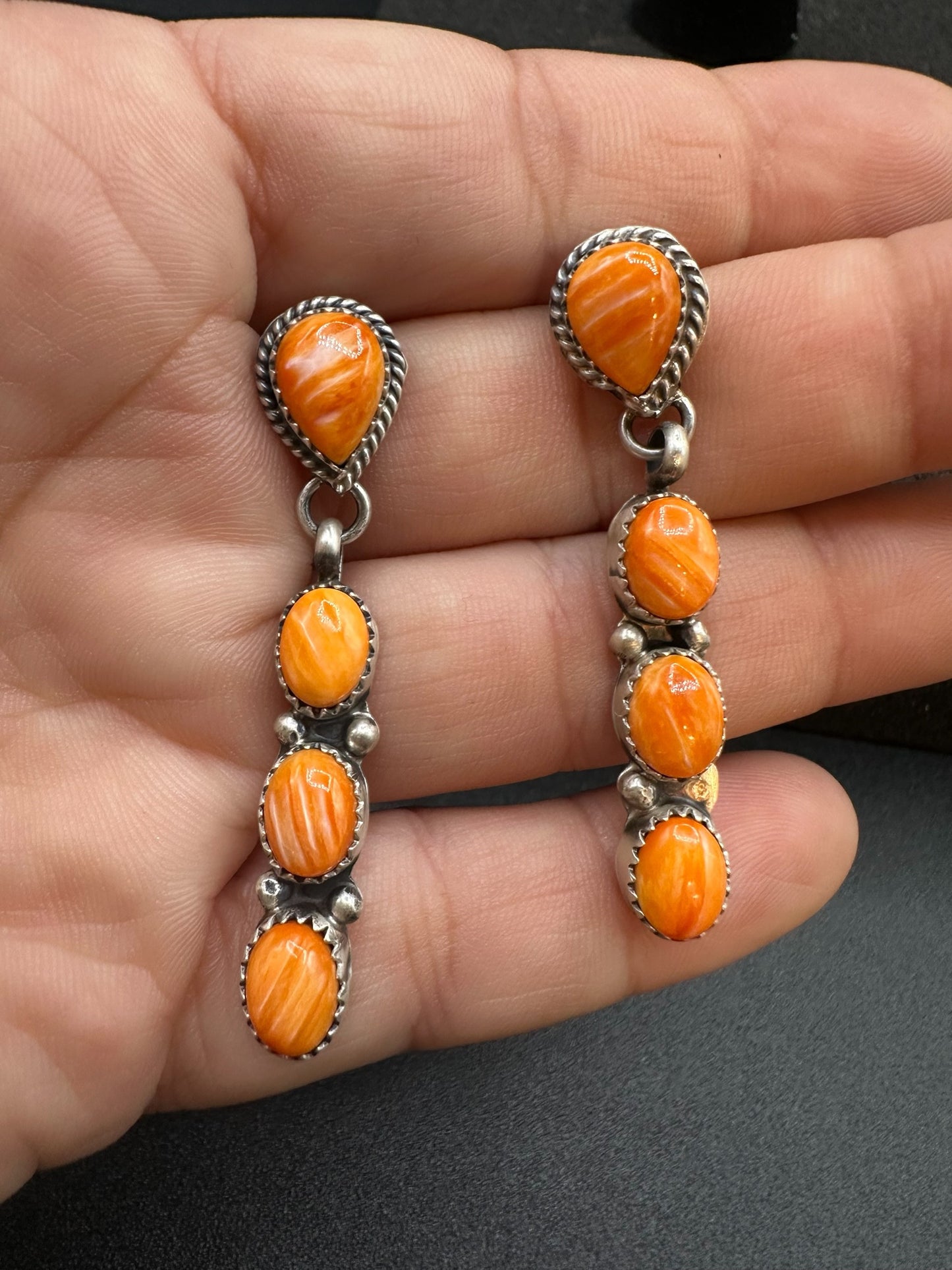Teardrop Drop Earrings - Sterling Silver & Orange Spiny Oyster - Handmade Native American