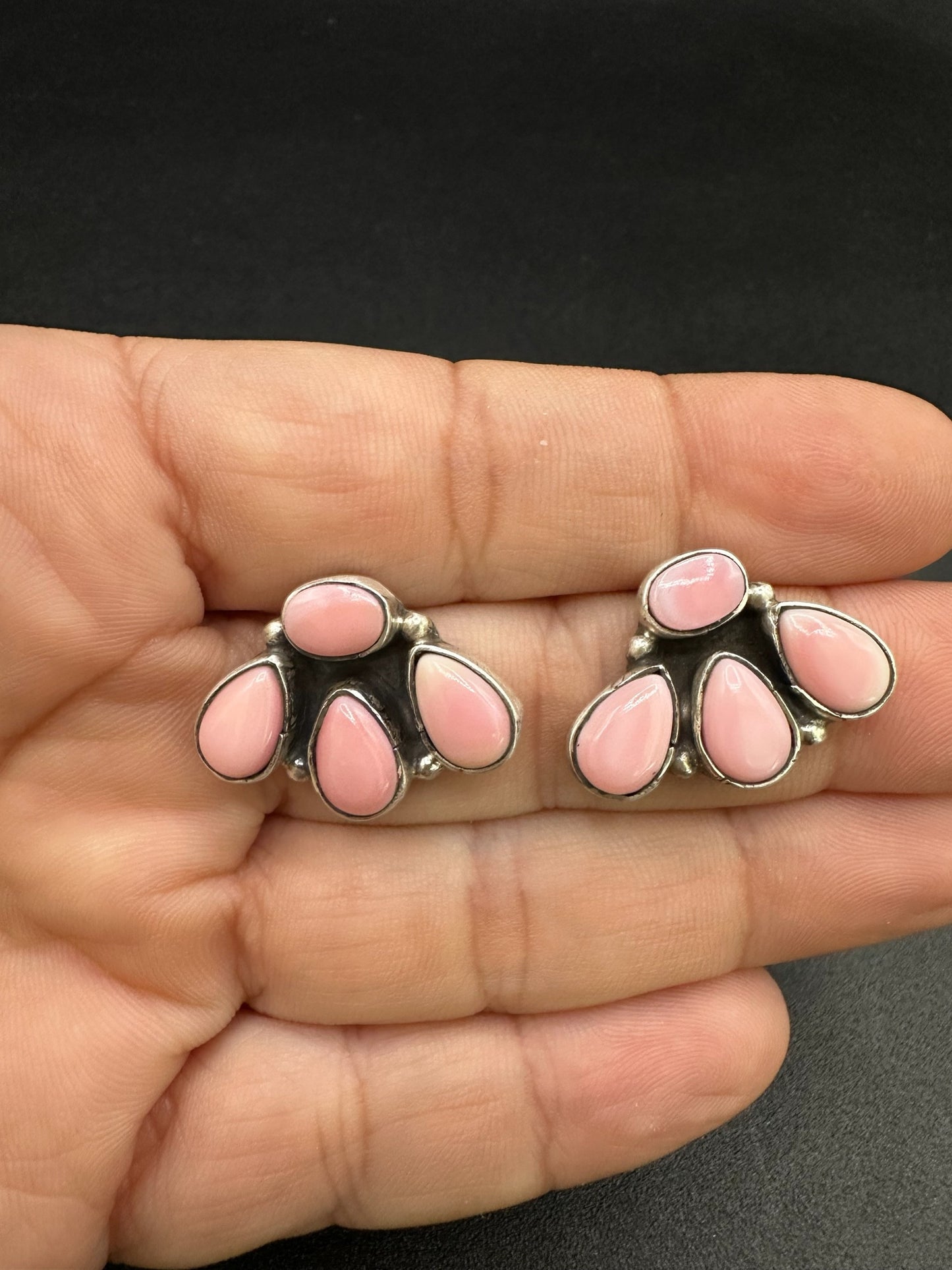 Medium Quarter Cluster Stud Earrings – Sterling Silver & Genuine Queen Pink Conch -  Authentic Native American Handmade – Marcella James - Made in USA