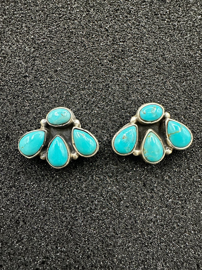 Medium Quarter Cluster Stud Earrings – Sterling Silver & Genuine Turquoise -  Authentic Native American Handmade – Marcella James - Made in USA