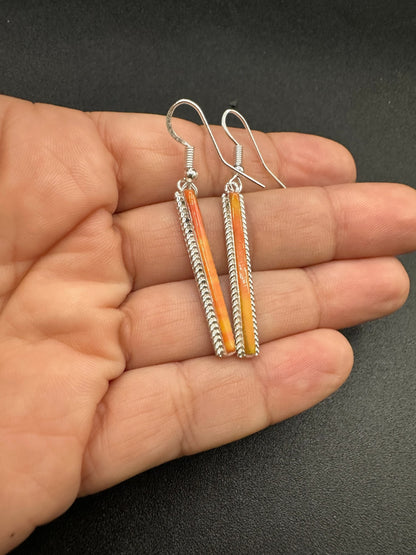 Dainty Hook Dangle Earrings – Sterling Silver, Orange Spiny Oyster Composite -  Authentic Native American Handmade -Allen Barney - Made in USA