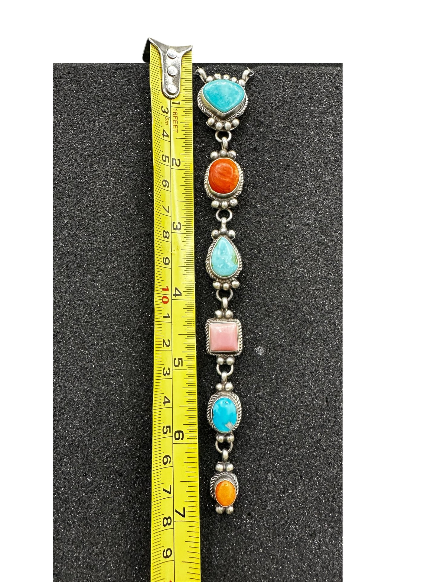 Multi Color & Stone Lariat Necklace – Sterling Silver, Turquoise, Spiny Oyster, Queen Pink Conch -  Authentic Native American Handmade – Harrison Yazzie - Made in USA