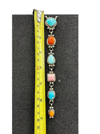Multi Color & Stone Lariat Necklace – Sterling Silver, Turquoise, Spiny Oyster, Queen Pink Conch -  Authentic Native American Handmade – Harrison Yazzie - Made in USA
