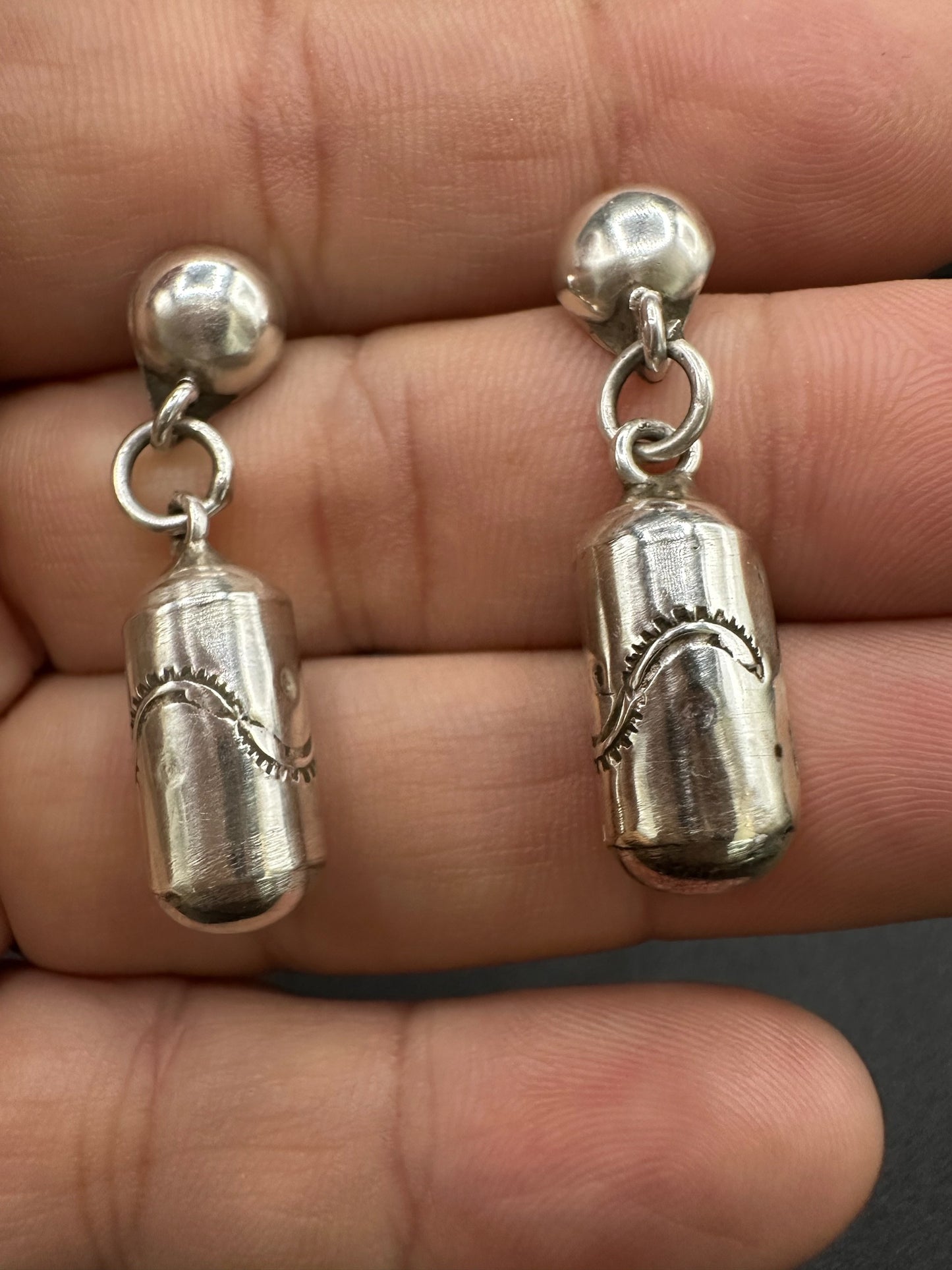 Small Barrel Bead Stud Drop Earrings – Sterling Silver -  Authentic Native American Handmade – Artisan Collection - Made in USA