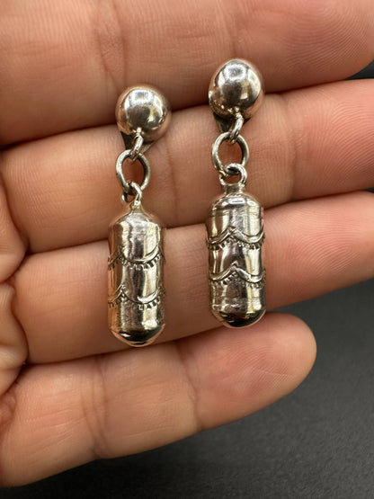 Small Barrel Bead Stud Drop Earrings – Sterling Silver -  Authentic Native American Handmade – Artisan Collection - Made in USA