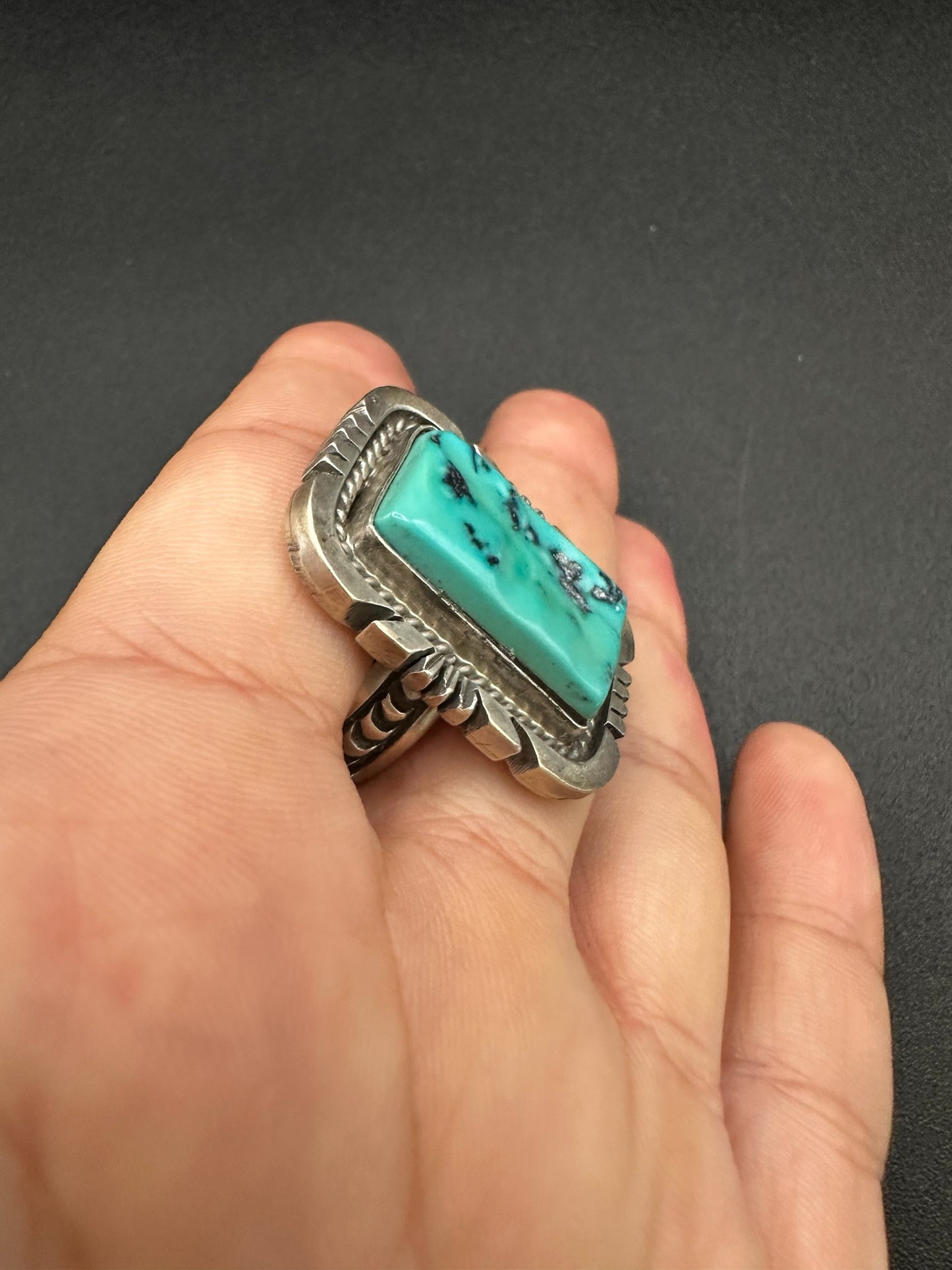 Medium Rectangle Cabochon Ring  – Sterling Silver and Genuine Turquoise Ring -  Authentic Handmade Native American – John McCray