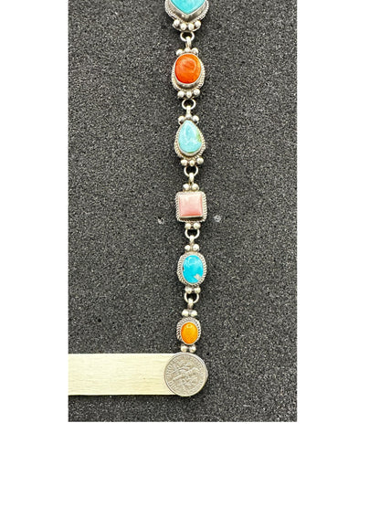 Multi Color & Stone Lariat Necklace – Sterling Silver, Turquoise, Spiny Oyster, Queen Pink Conch -  Authentic Native American Handmade – Harrison Yazzie - Made in USA