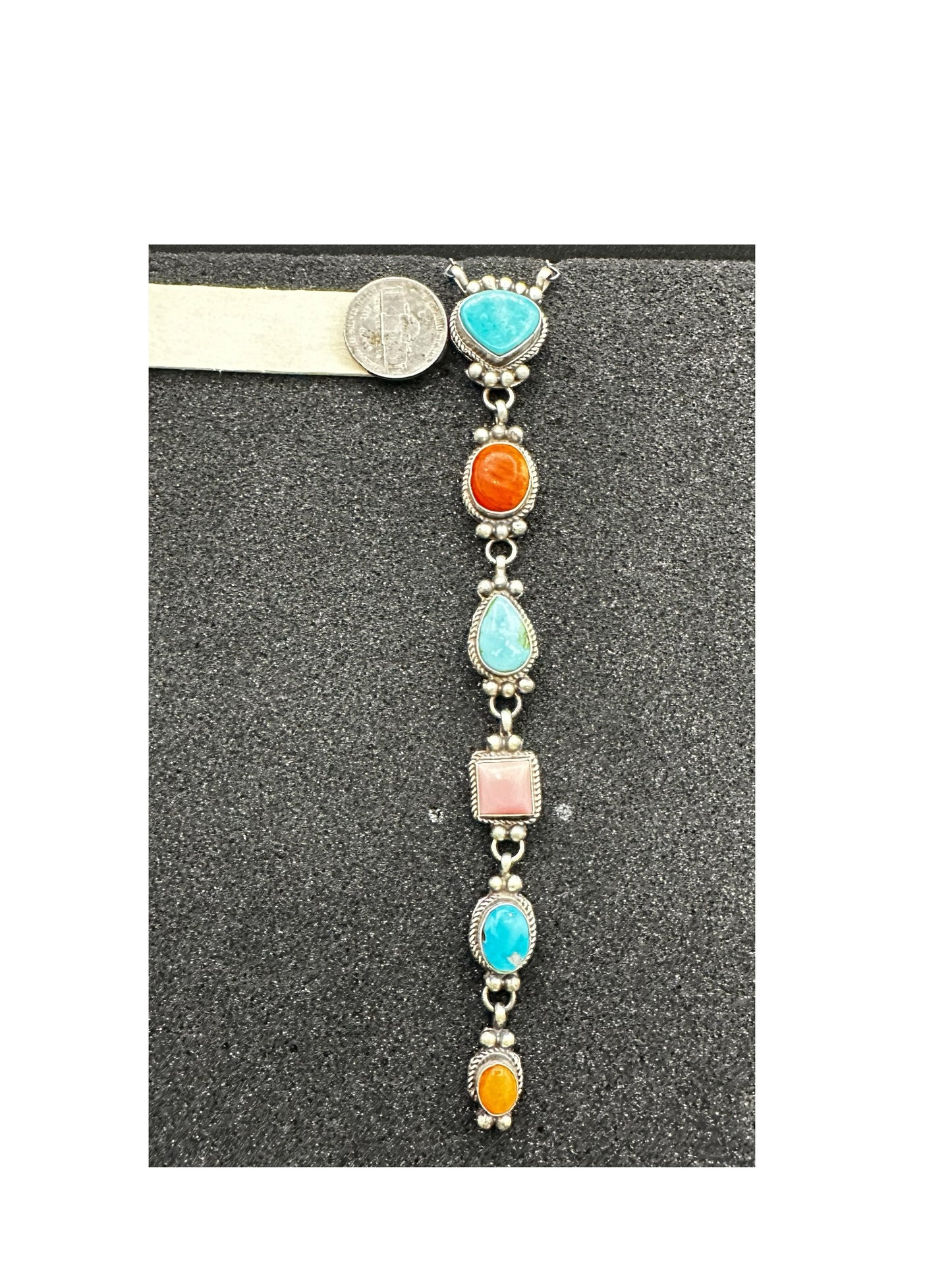 Multi Color & Stone Lariat Necklace – Sterling Silver, Turquoise, Spiny Oyster, Queen Pink Conch -  Authentic Native American Handmade – Harrison Yazzie - Made in USA