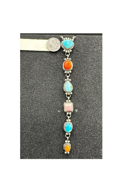Multi Color & Stone Lariat Necklace – Sterling Silver, Turquoise, Spiny Oyster, Queen Pink Conch -  Authentic Native American Handmade – Harrison Yazzie - Made in USA