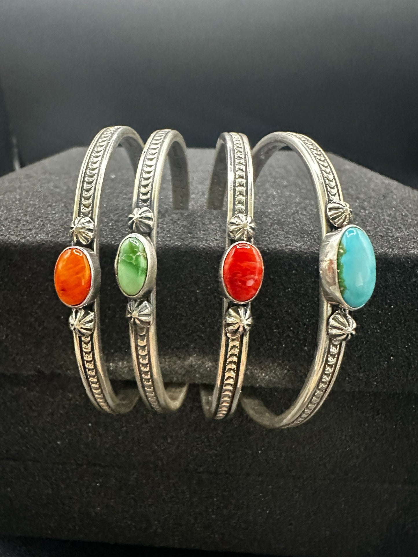 Dainty Skinny Stacker Cuff Bracelet – Sterling Silver and Turquoise-  Authentic Native American Handmade – June Defauito – Longhorn Luster LLC