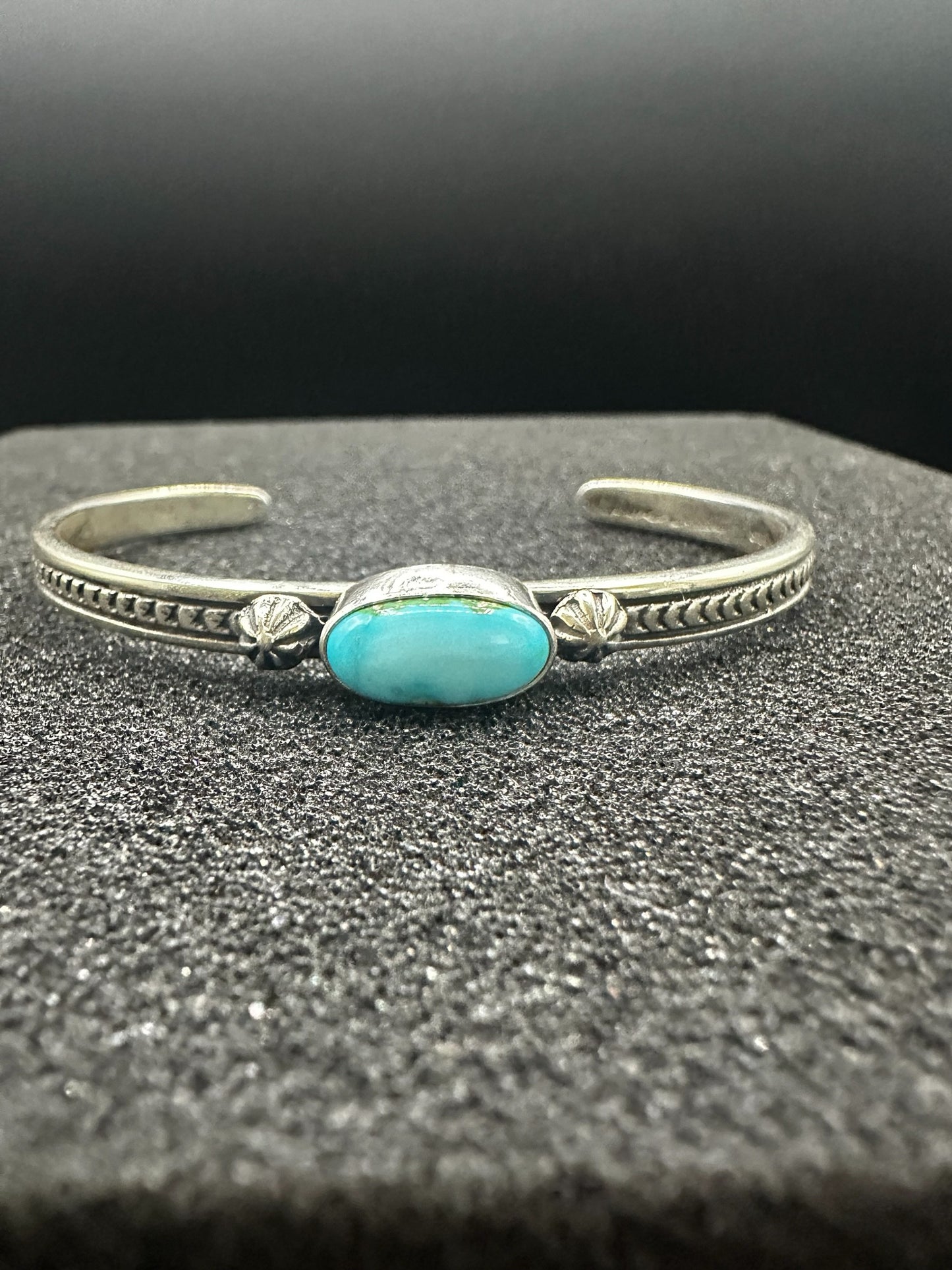Dainty Skinny Stacker Cuff Bracelet – Sterling Silver and Turquoise-  Authentic Native American Handmade – June Defauito – Longhorn Luster LLC