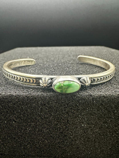 Dainty Skinny Stacker Cuff Bracelet – Sterling Silver and Turquoise-  Authentic Native American Handmade – June Defauito – Longhorn Luster LLC