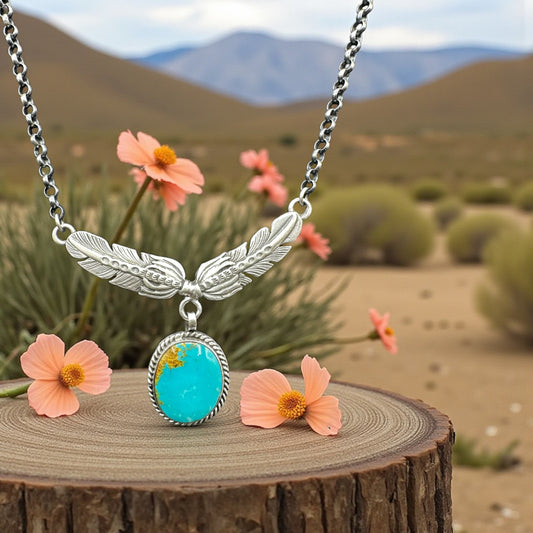Feathered - Turquoise and Sterling Silver - Chain Link Necklace - Leroy James - Handcrafted Native American
