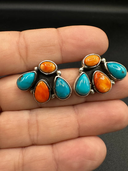 Medium Quarter Cluster Stud Earrings – Sterling Silver,  Genuine Turquoise and Spiny Oyster -  Authentic Native American Handmade – Marcella James - Made in USA