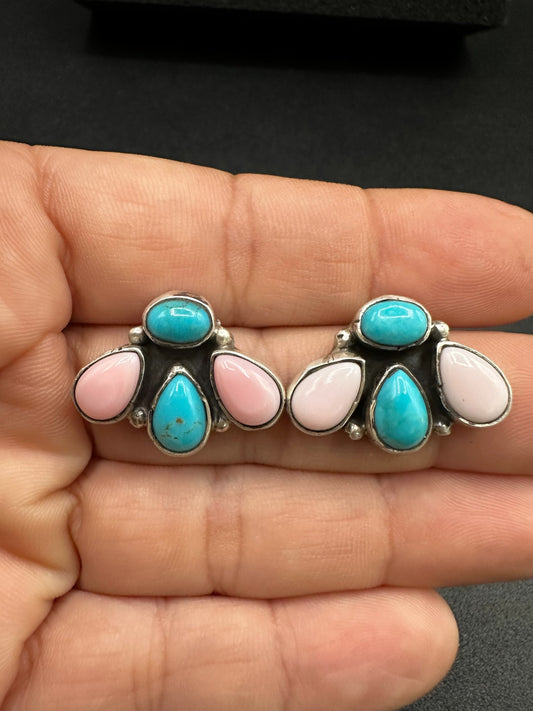 Medium Quarter Cluster Stud Earrings – Sterling Silver,  Genuine Turquoise and Queen Pink Conch -  Authentic Native American Handmade – Marcella James - Made in USA