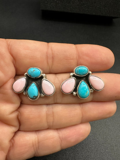 Medium Quarter Cluster Stud Earrings – Sterling Silver,  Genuine Turquoise and Queen Pink Conch -  Authentic Native American Handmade – Marcella James - Made in USA
