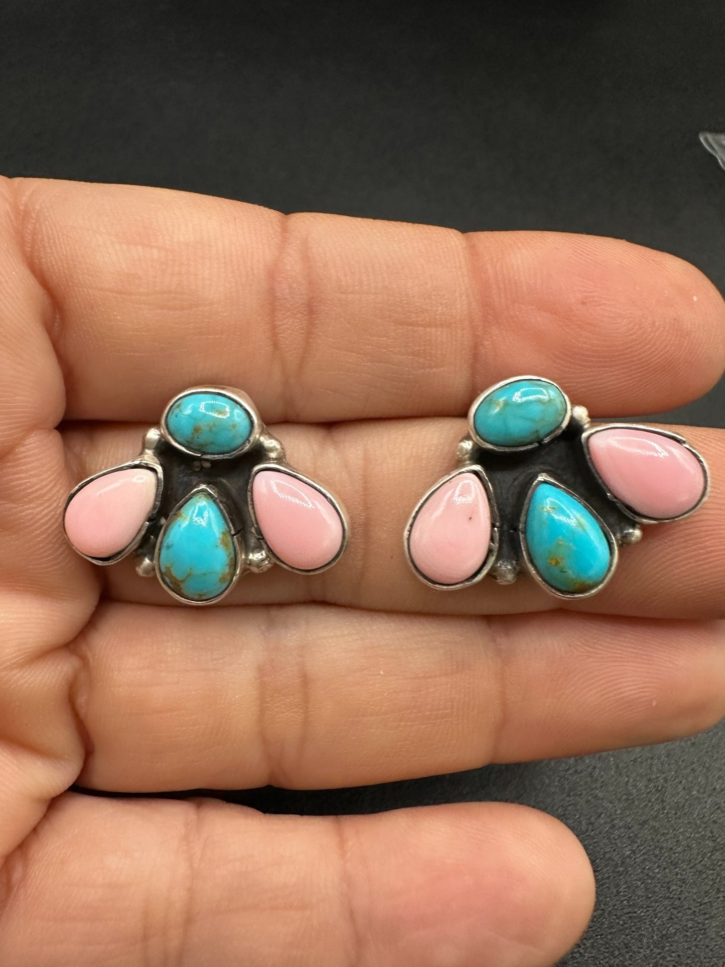 Medium Quarter Cluster Stud Earrings – Sterling Silver,  Genuine Turquoise and Queen Pink Conch -  Authentic Native American Handmade – Marcella James - Made in USA