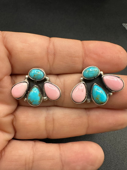 Medium Quarter Cluster Stud Earrings – Sterling Silver,  Genuine Turquoise and Queen Pink Conch -  Authentic Native American Handmade – Marcella James - Made in USA