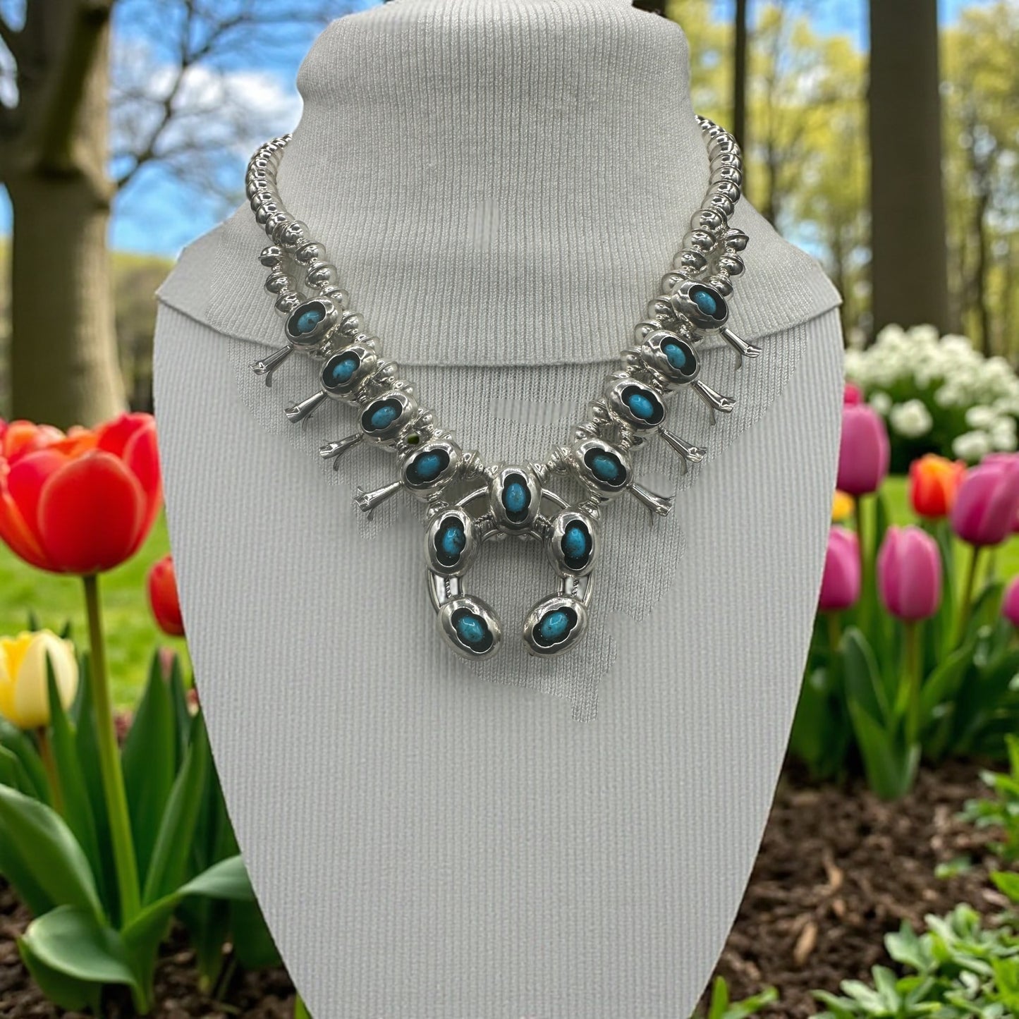 Handcrafted Native American Squash Blossom, Naja Pendant, Sterling Silver Beaded Necklace.
