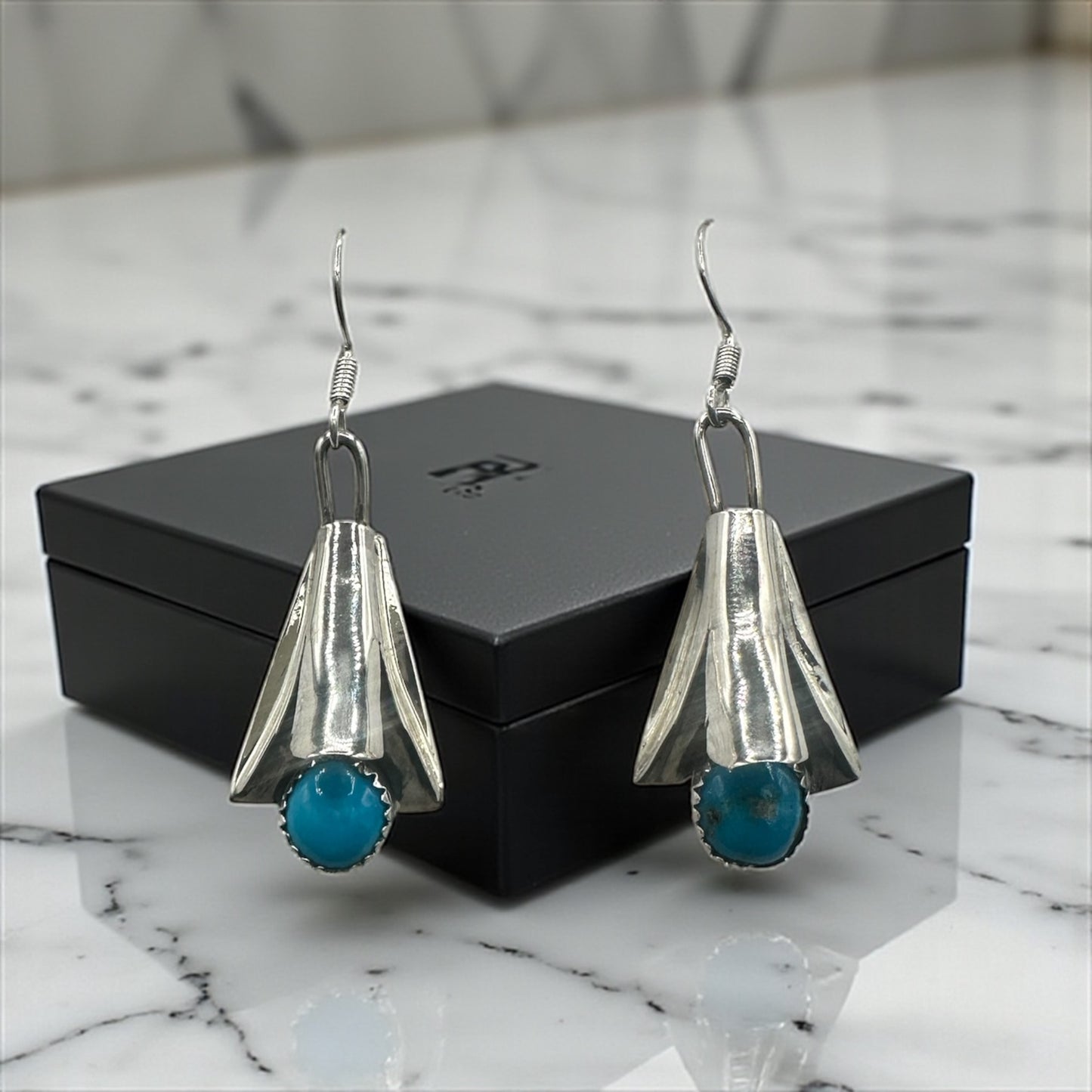 Handcrafted Native American Squash Blossom Sterling Silver Turquoise Earrings.