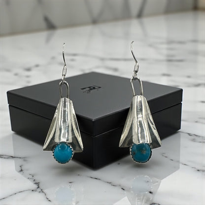 Handcrafted Native American Squash Blossom Sterling Silver Turquoise Earrings.