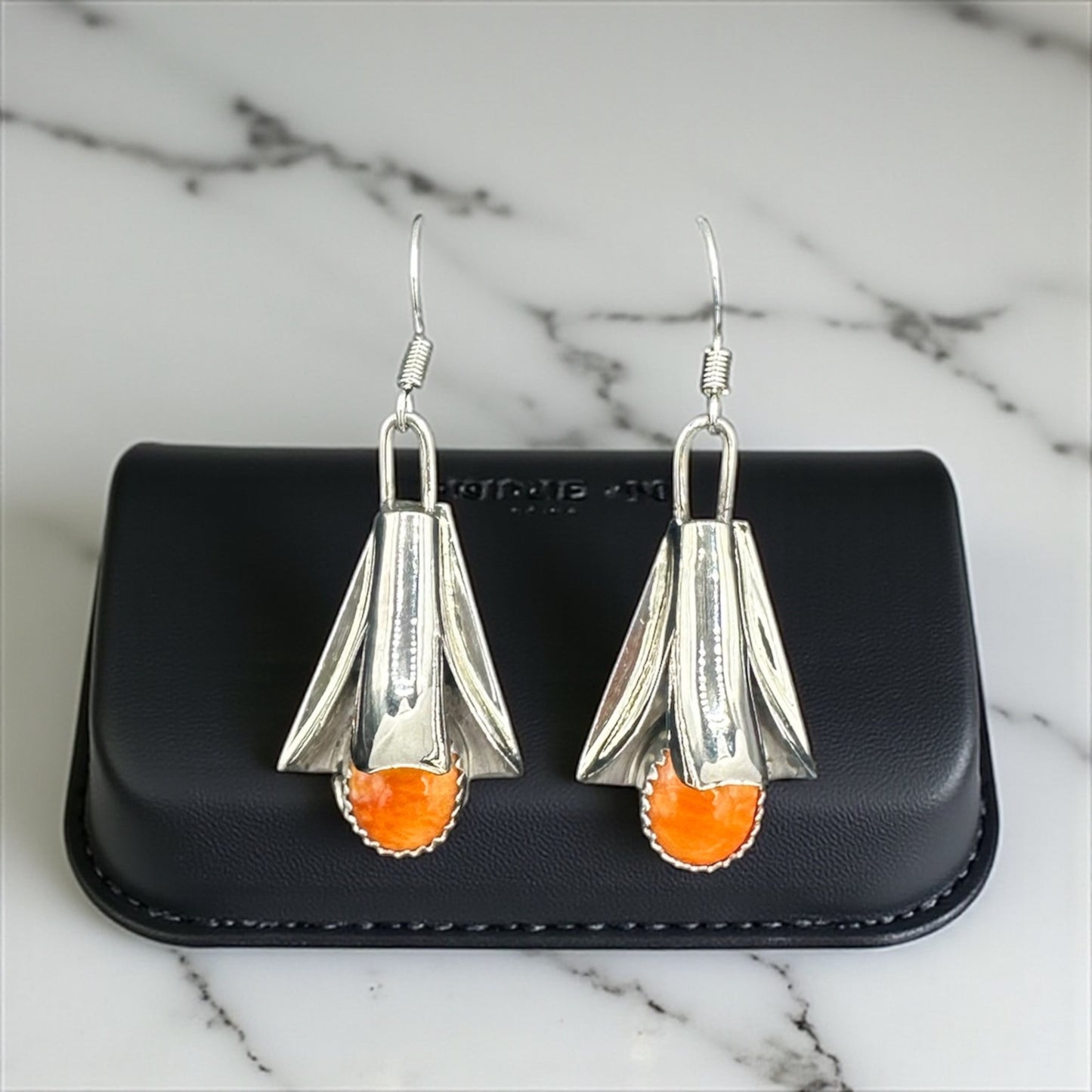 Handcrafted Native American Squash Blossom Sterling Silver Orange Spiny Oyster Earrings