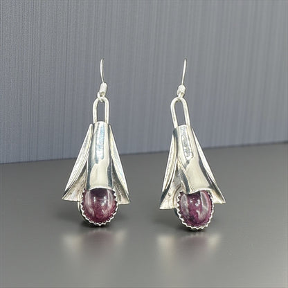 Handcrafted Native American Squash Blossom Sterling Silver Purple Spiny Oyster Earrings.