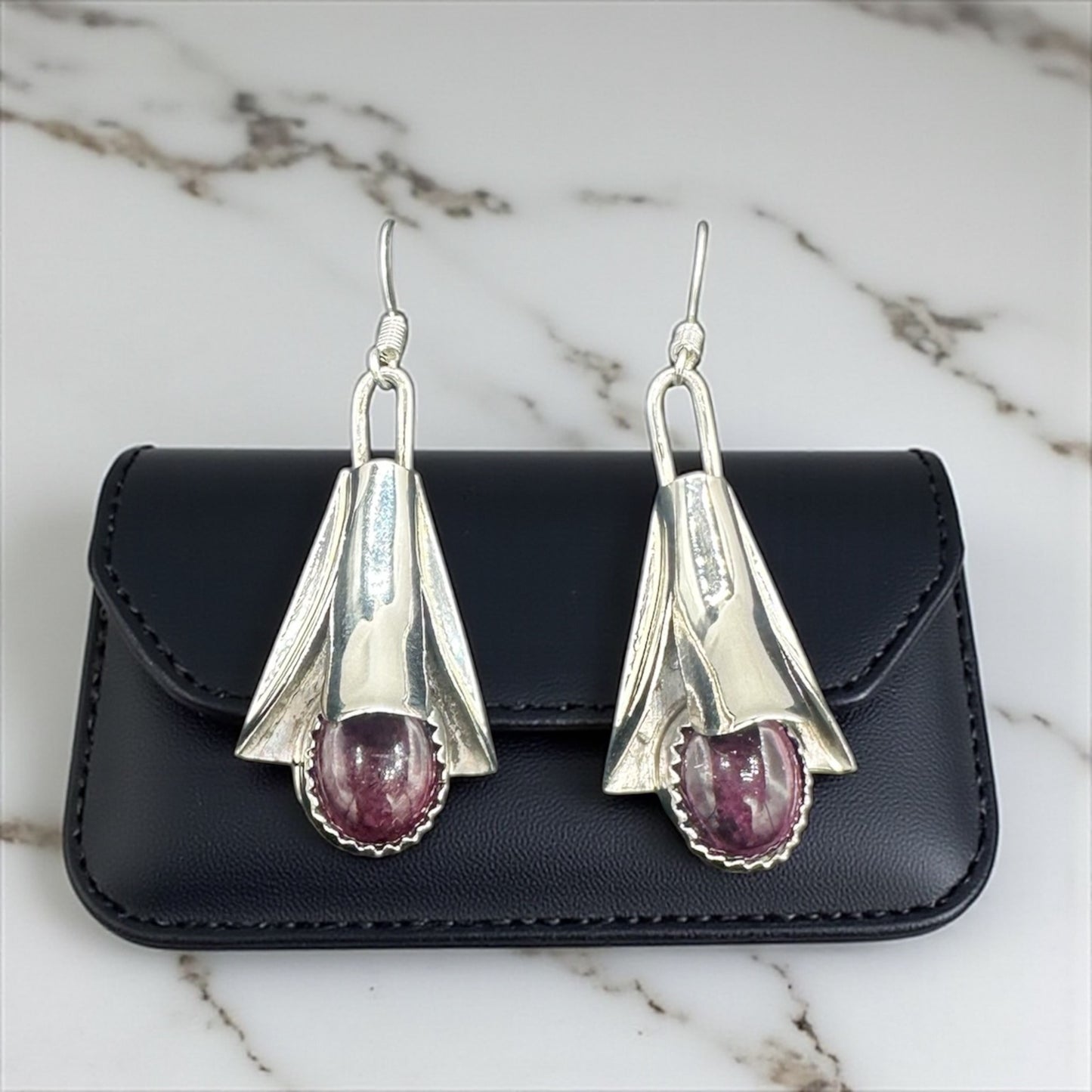 Handcrafted Native American Squash Blossom Sterling Silver Purple Spiny Oyster Earrings.