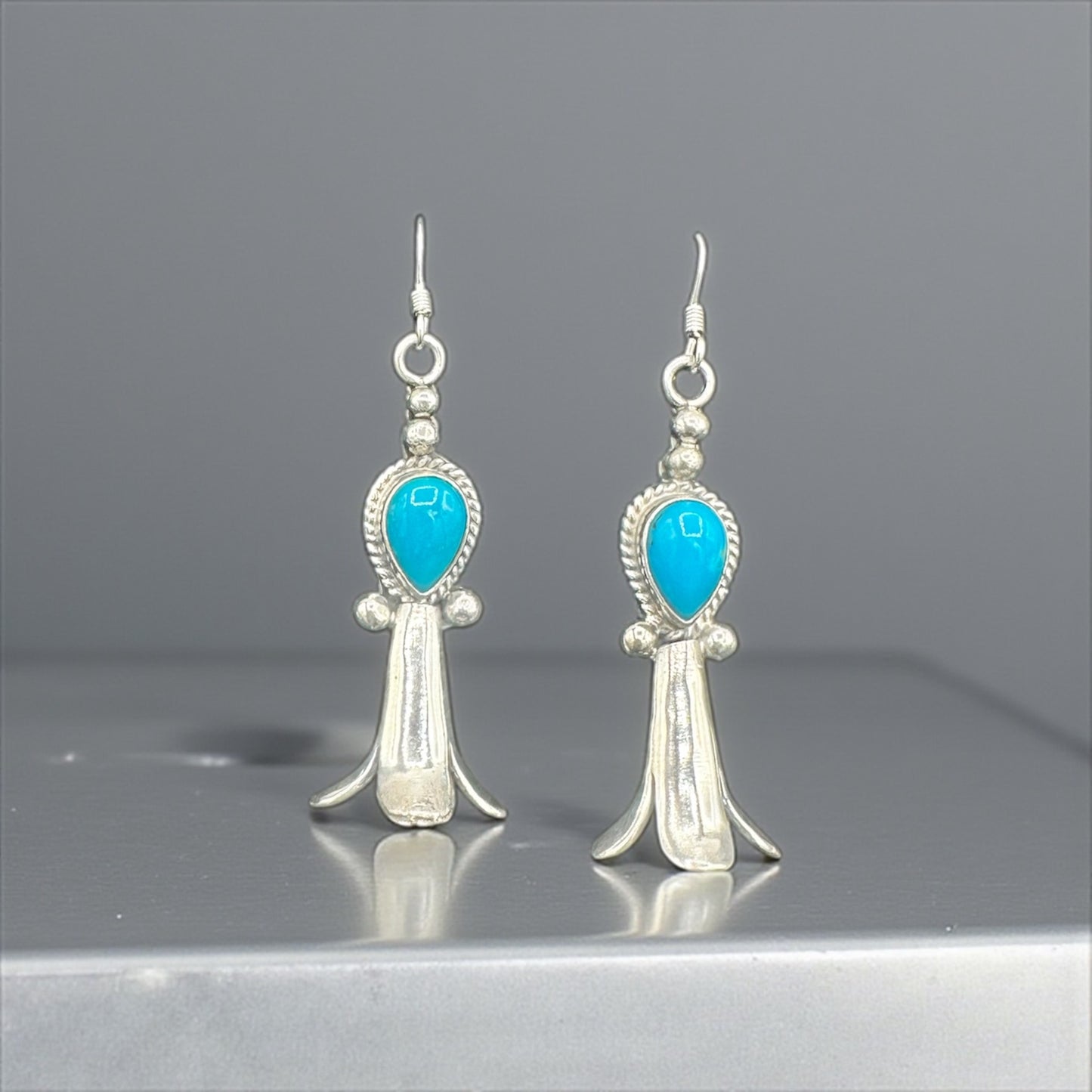 Handcrafted Native American Squash Blossom Sterling Silver Turquoise Earrings.