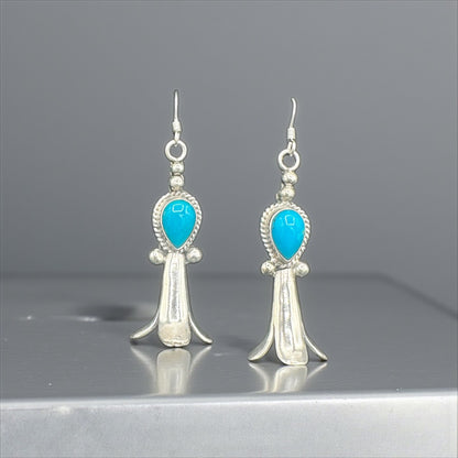 Handcrafted Native American Squash Blossom Sterling Silver Turquoise Earrings.