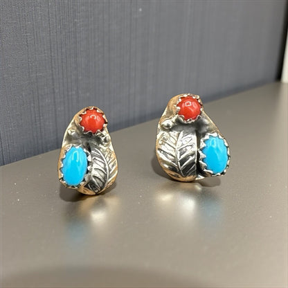 Handcrafted Navajo Sterling Silver Coral Turquoise Stud Earrings