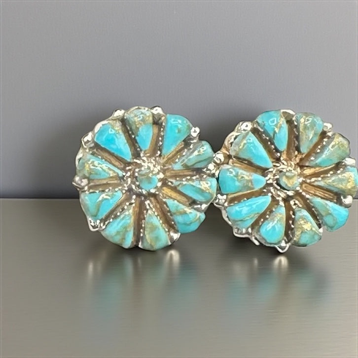 Handcrafted Native American Zuni Sterling Silver Turquoise Stud Earrings