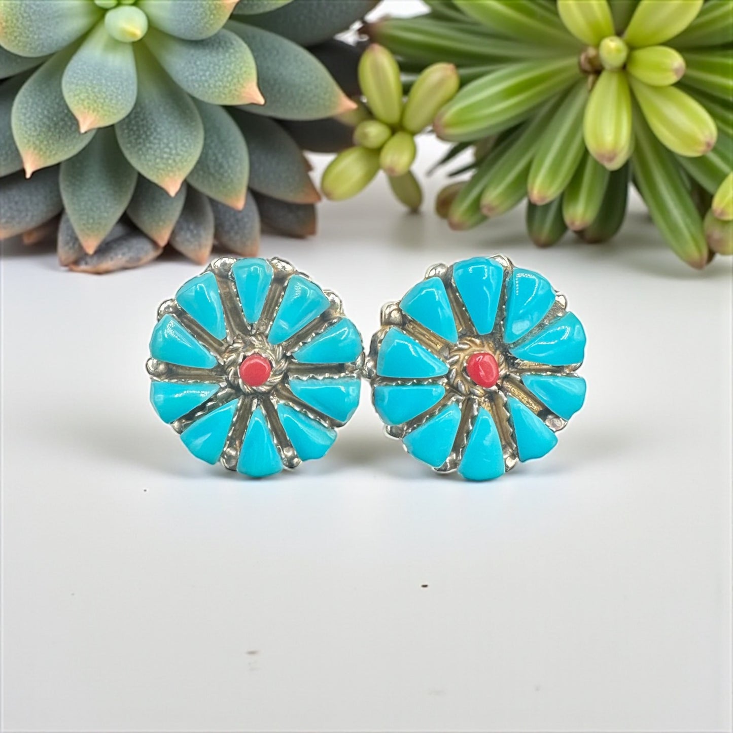 Handcrafted Native American Zuni Sterling Silver Turquoise Stud Earrings