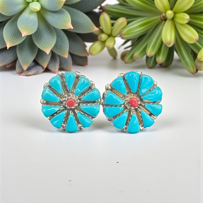 Handcrafted Native American Zuni Sterling Silver Turquoise Stud Earrings