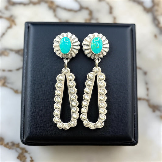 Large Dangle Earrings - Sterling Silver and Turquoise - Handmade Native American - Pansy Johnson
