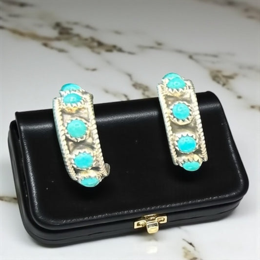 Handcrafted Native American Sterling Silver and Dot Turquoise Hoop Earrings.