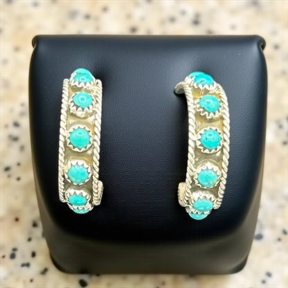 Handcrafted Native American Sterling Silver and Dot Turquoise Hoop Earrings.