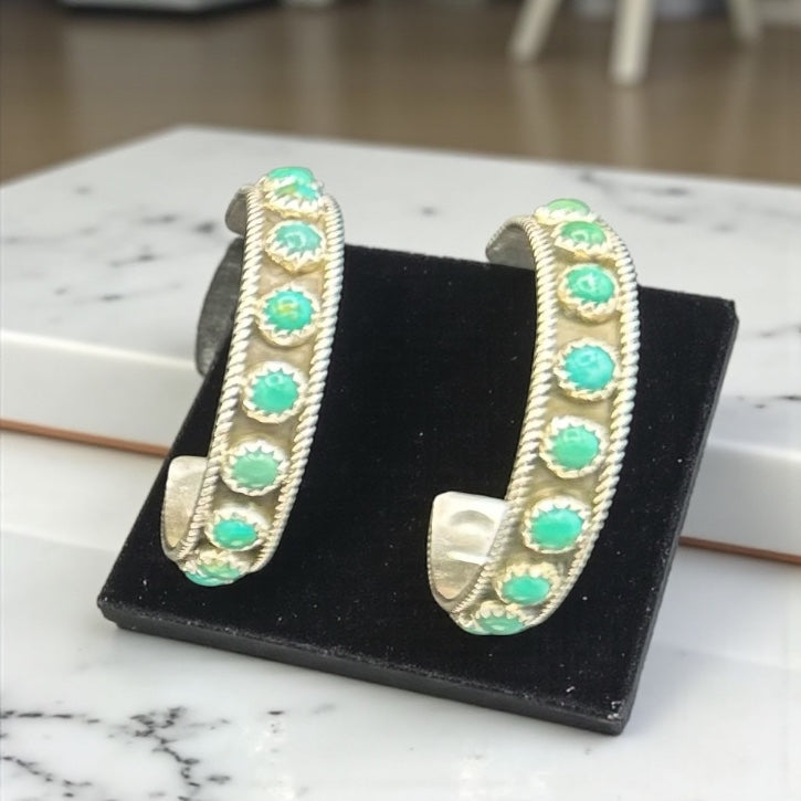 Handcrafted Native American Sterling Silver and Dot Turquoise Hoop Earrings.